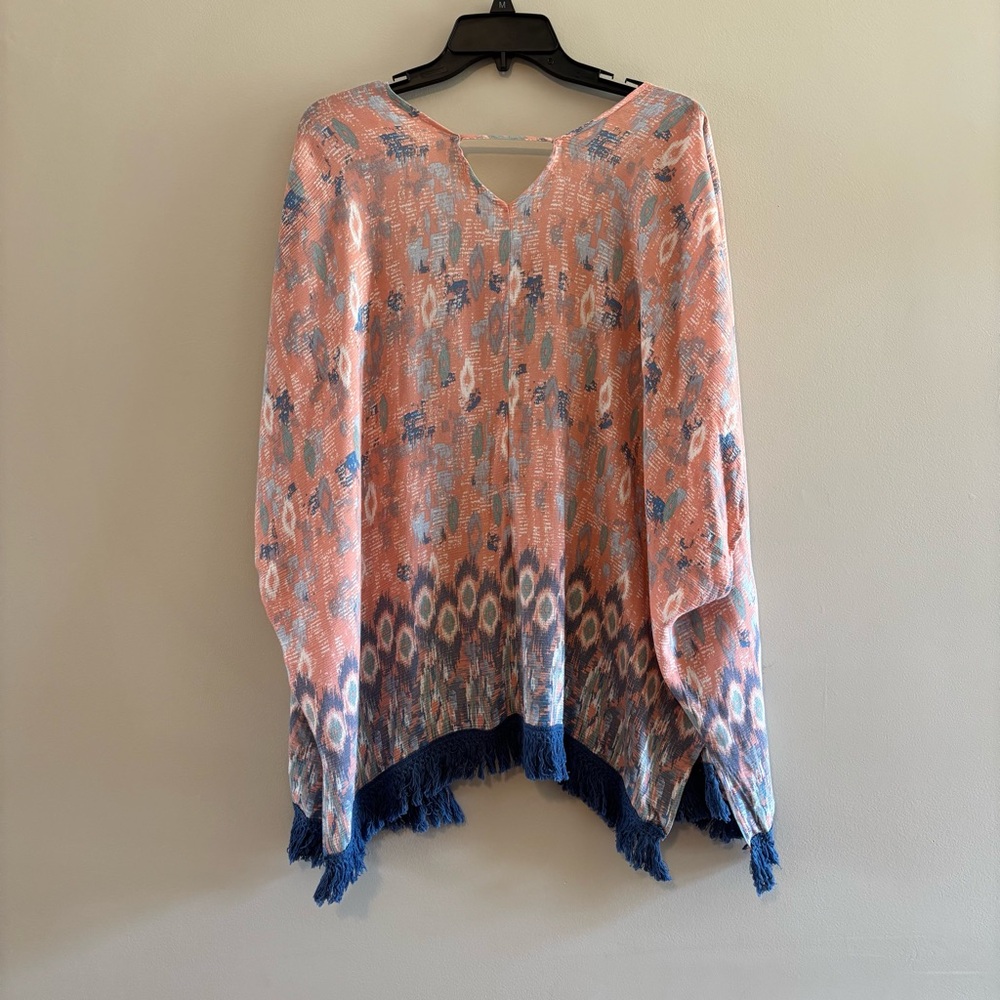 Hem & Thread Peach/Navy Boho Fringe Open-Front Tunic - Picture 4 of 4